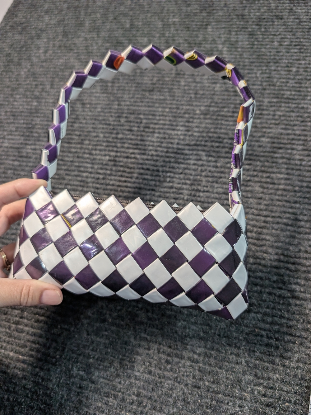 Handmade Upcycled Woven Candy Wrapper Mini Bag Purple White Checkerboard